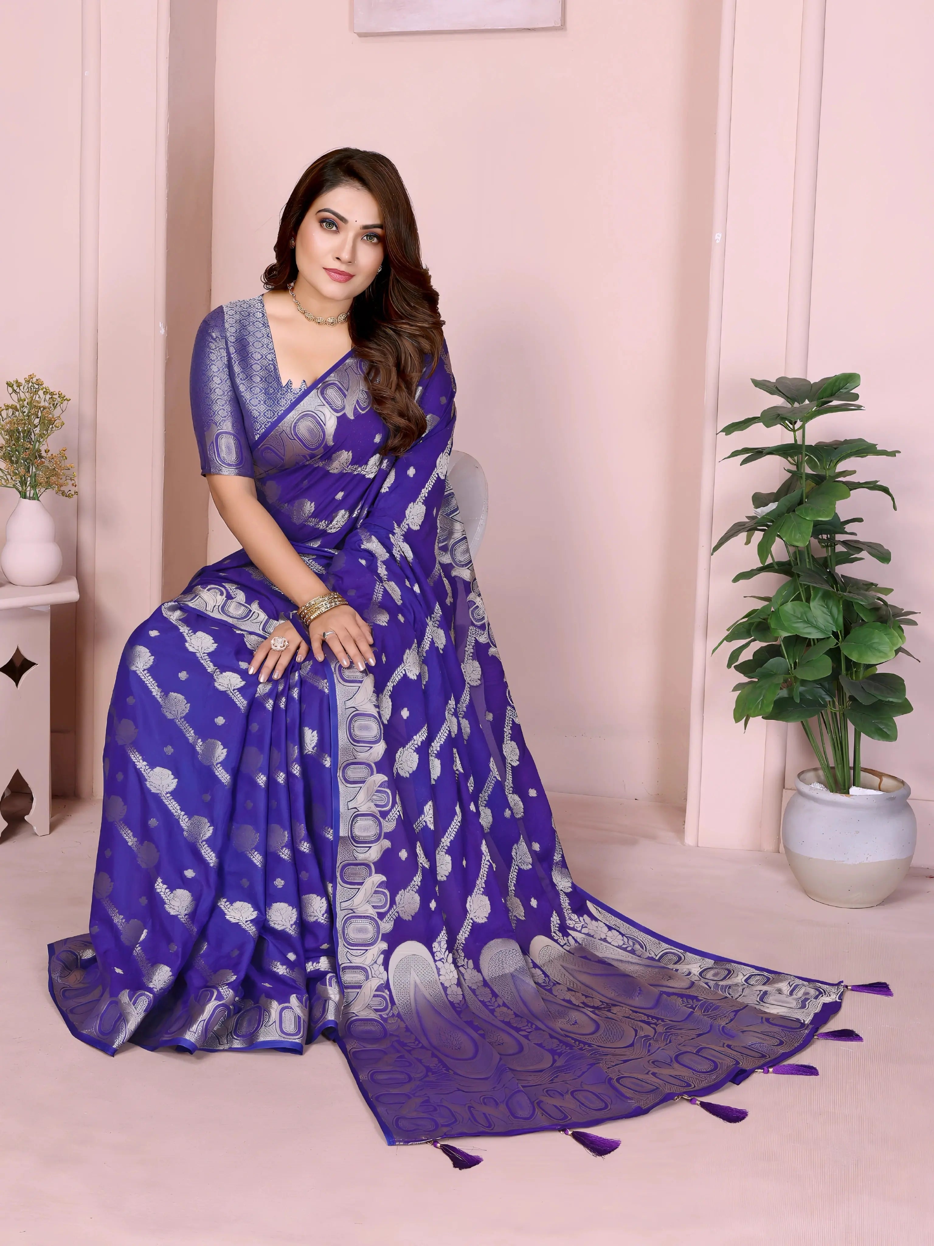 Navy Blue Zari Weaving Soft Georgette Banarasi Silk Saree
